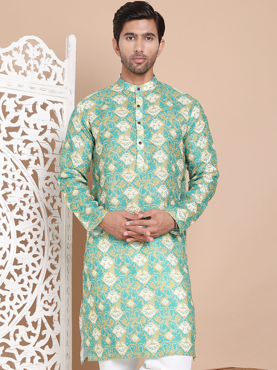 Men's Printed Pure Cotton Kurtas ( KO 5079Green )