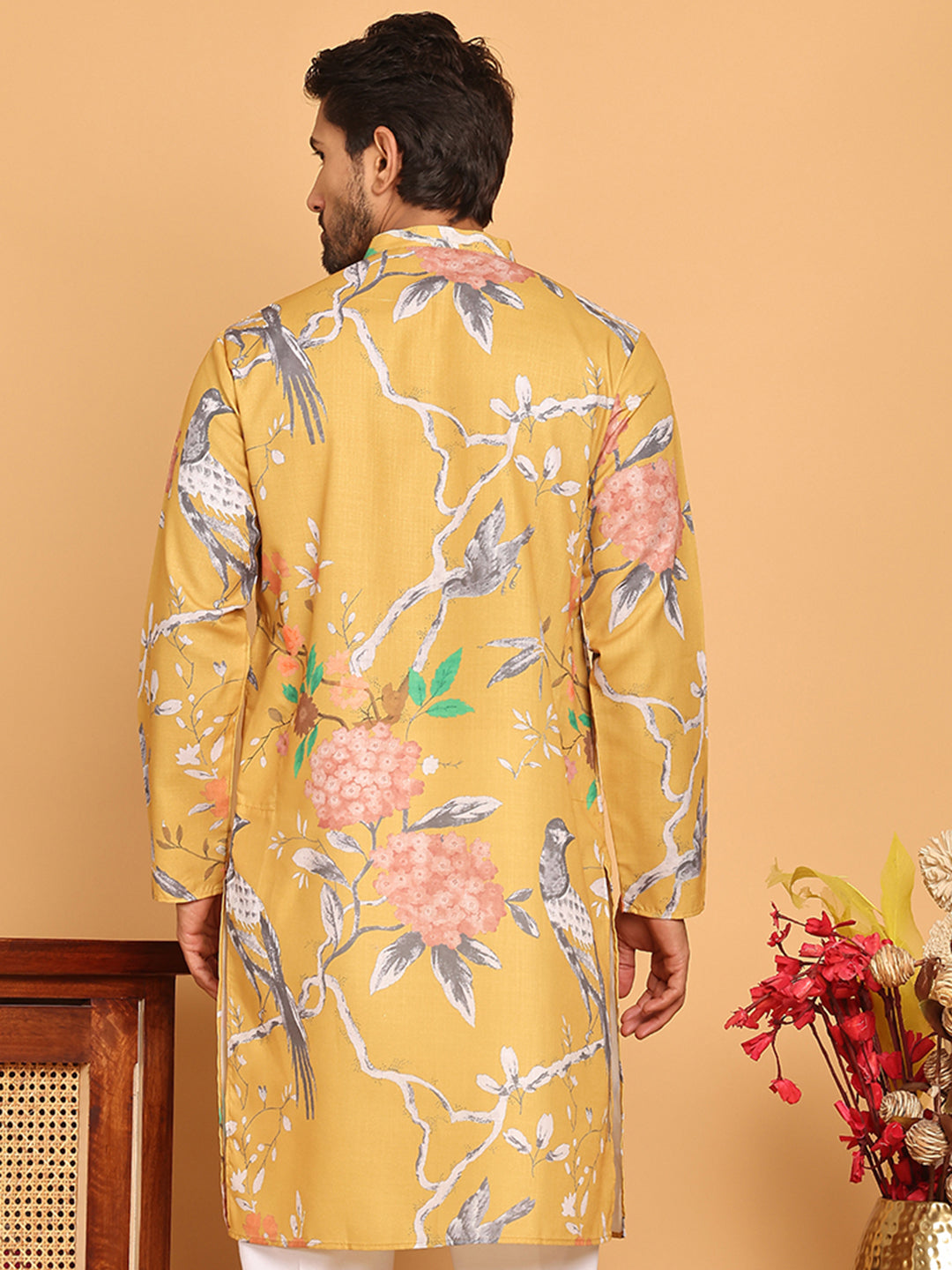 Men's Animal Printed Pure Cotton Straight Kurtas. ( KO 5079 Mustard )