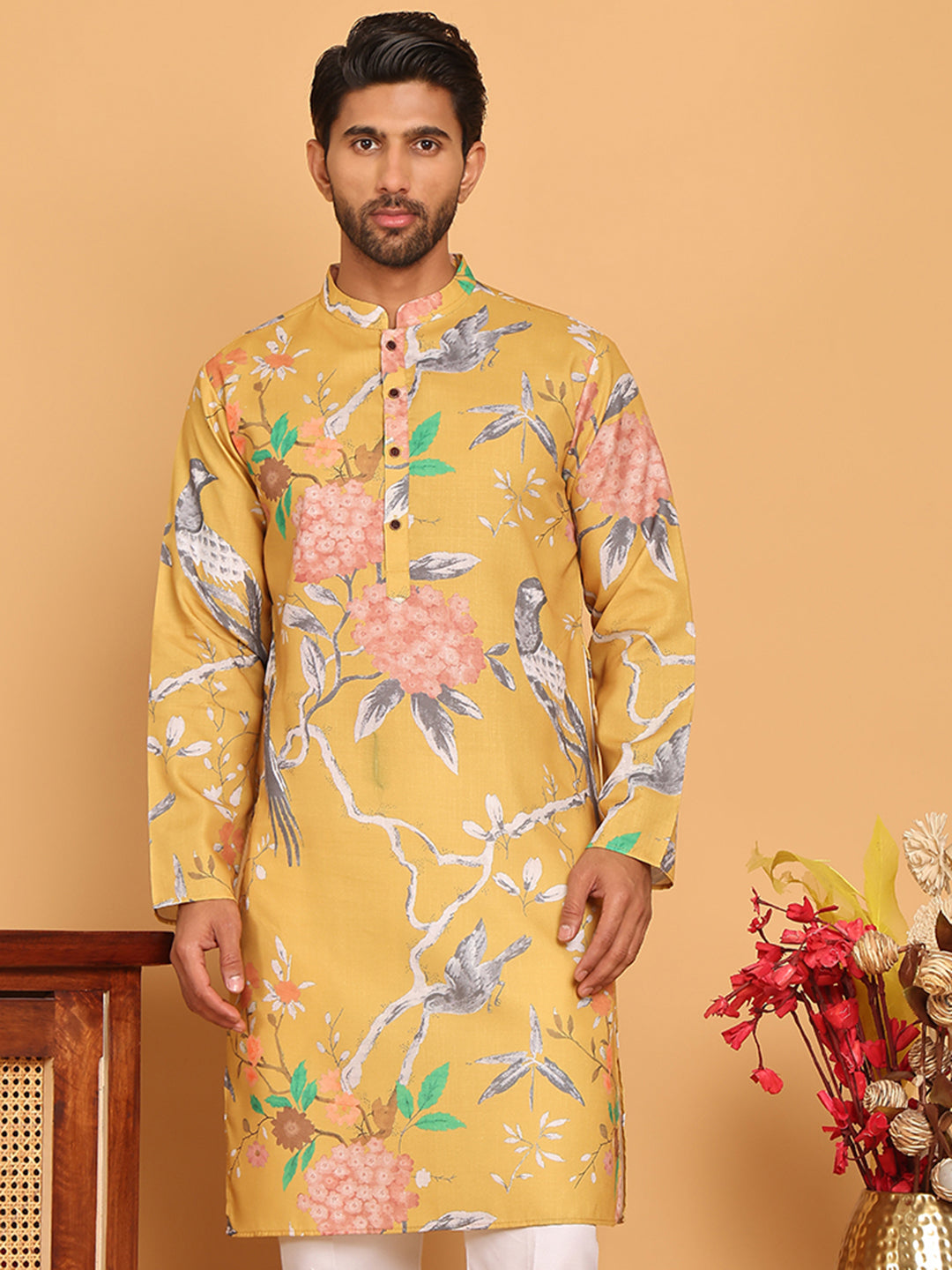 Men's Animal Printed Pure Cotton Straight Kurtas. ( KO 5079 Mustard )