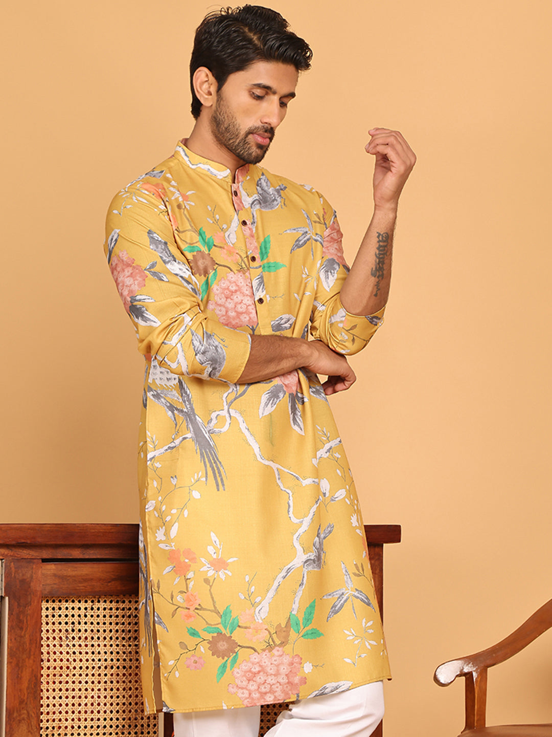 Men's Animal Printed Pure Cotton Straight Kurtas. ( KO 5079 Mustard )