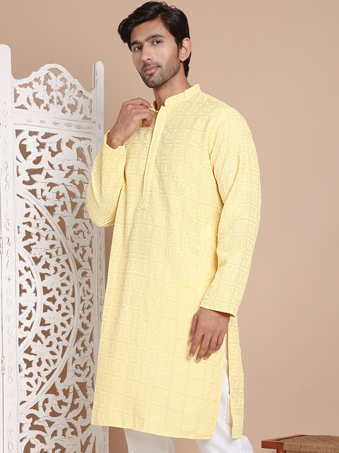 Sequin Embroidered Pure Cotton Kurtas ( KO 5096Yellow )