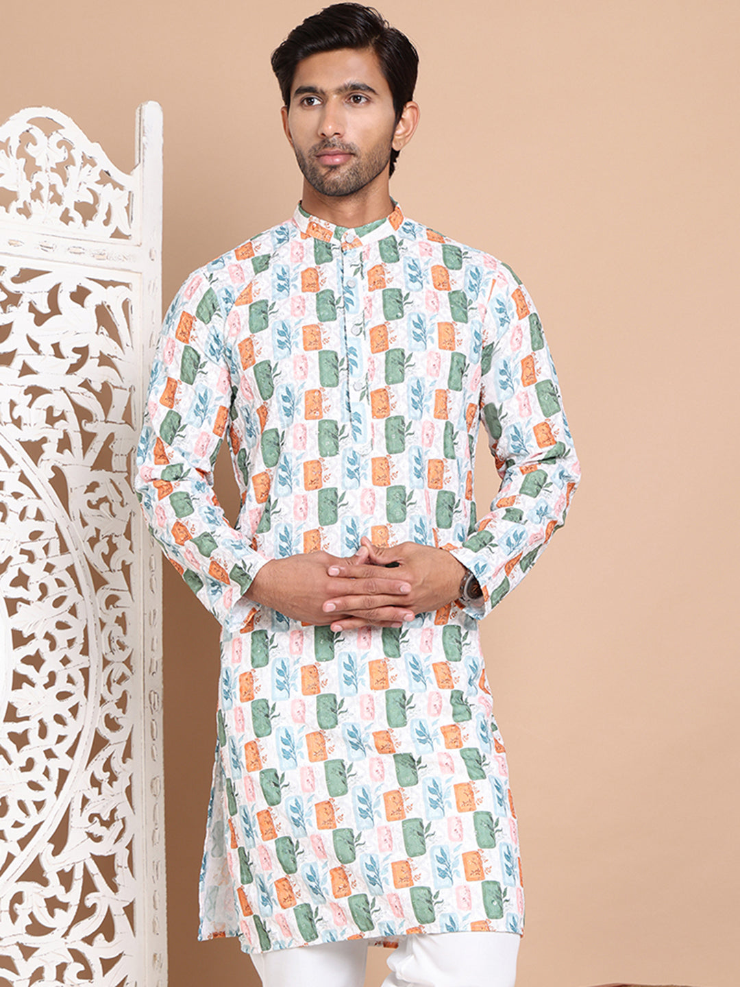 Printed and Emrbroidered Kurtas ( KO 5097Off-White )