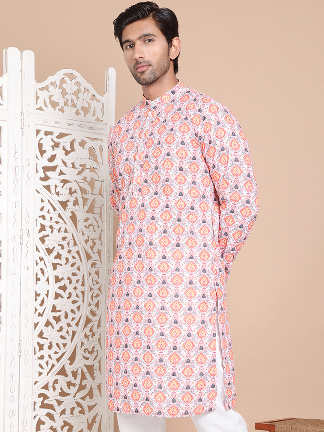 Printed and Emrbroidered Kurtas ( KO 5097Peach )