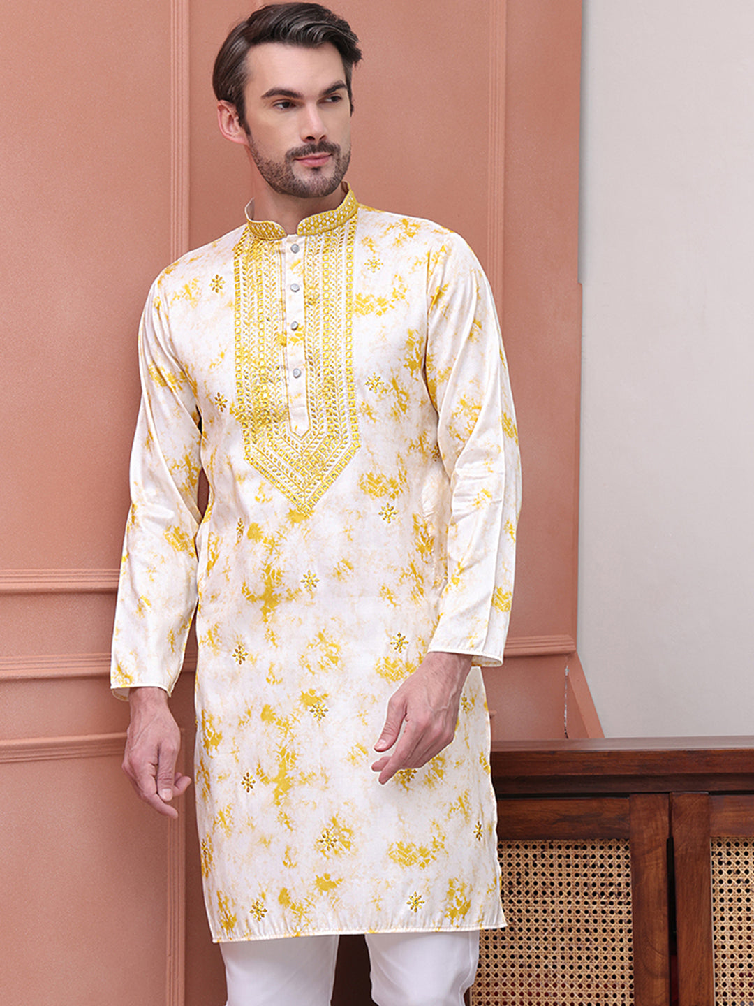 Stone Print With Embroidered kurtas ( KO 5102Yellow )