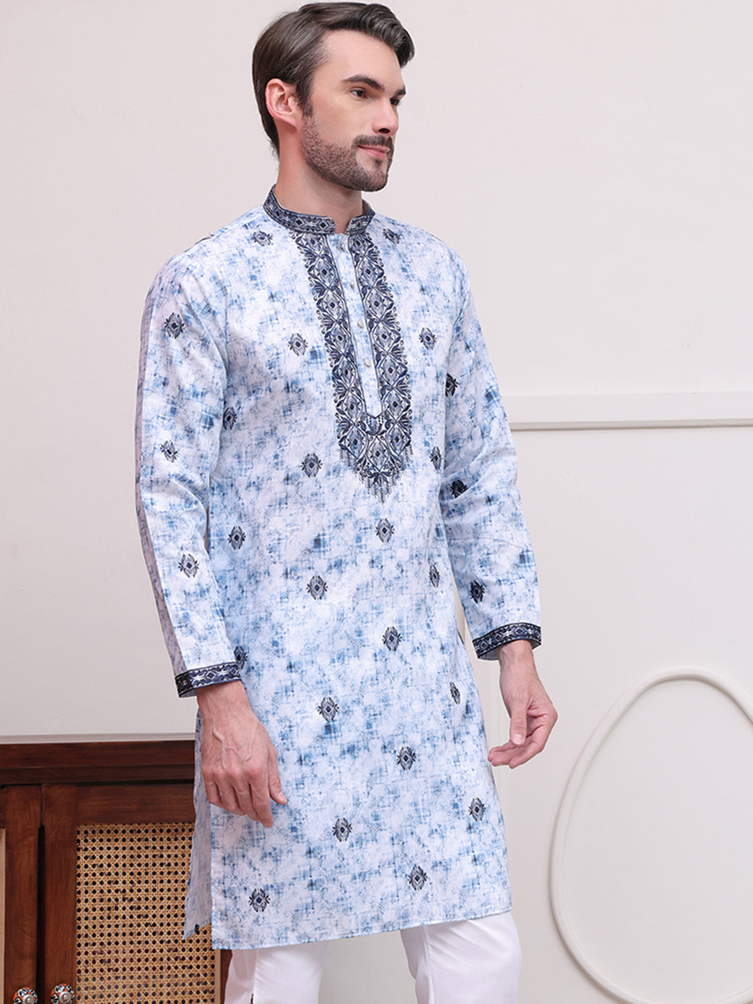Stone Print With Embroidered kurtas ( KO 5103Blue )