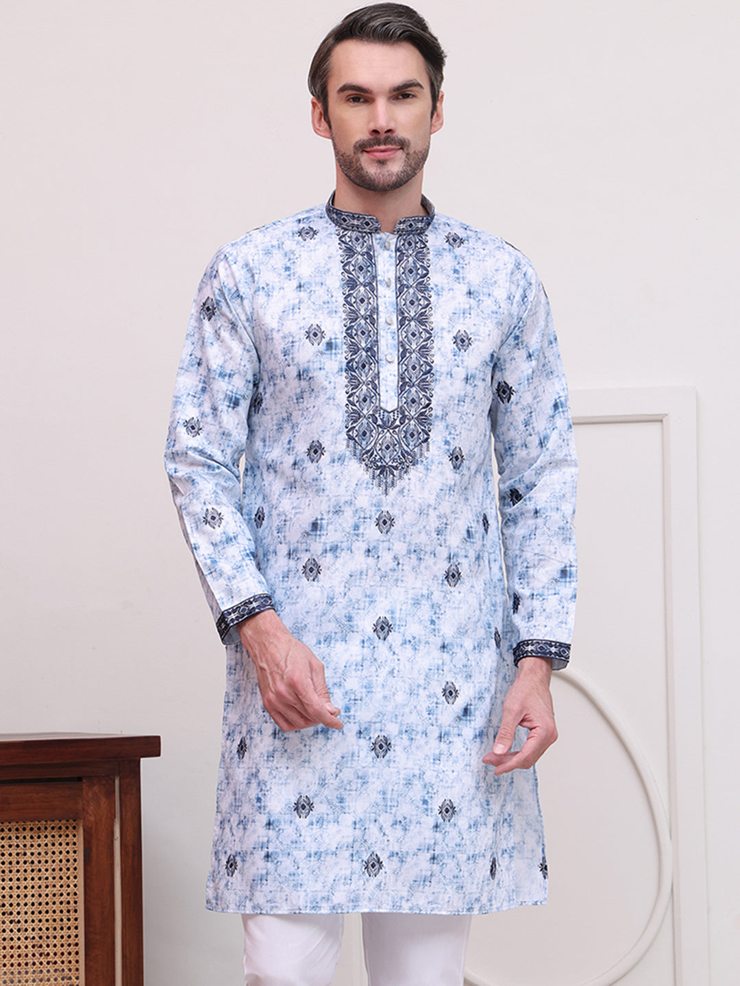 Stone Print With Embroidered kurtas ( KO 5103Blue )