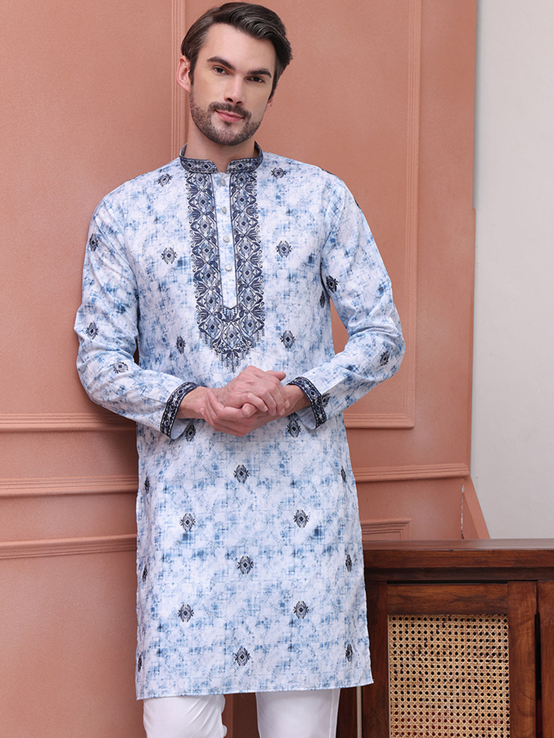 Stone Print With Embroidered kurtas ( KO 5103Blue )
