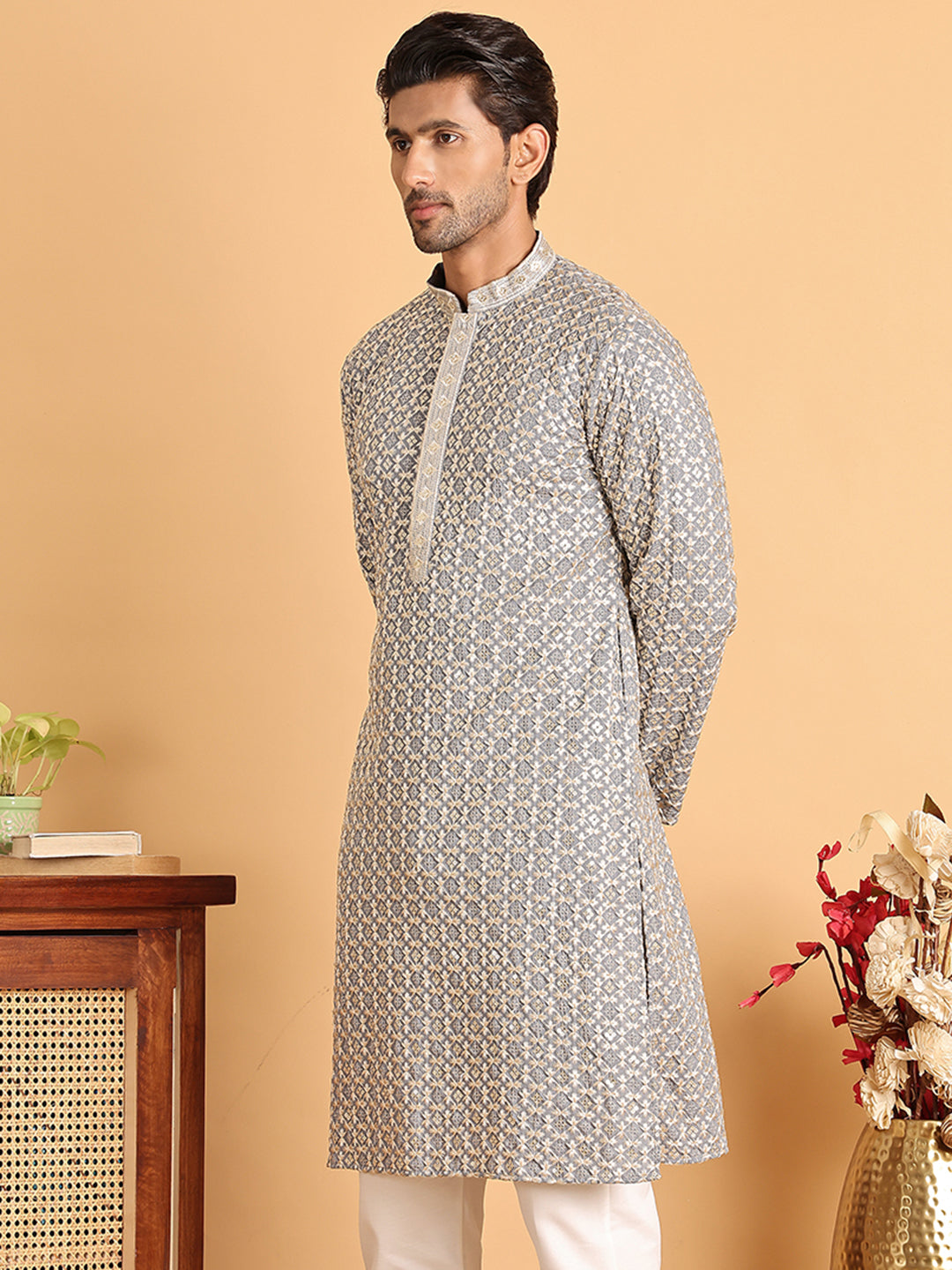 Embroidered Viscose Kurtas For Men ( KO 5110Grey )
