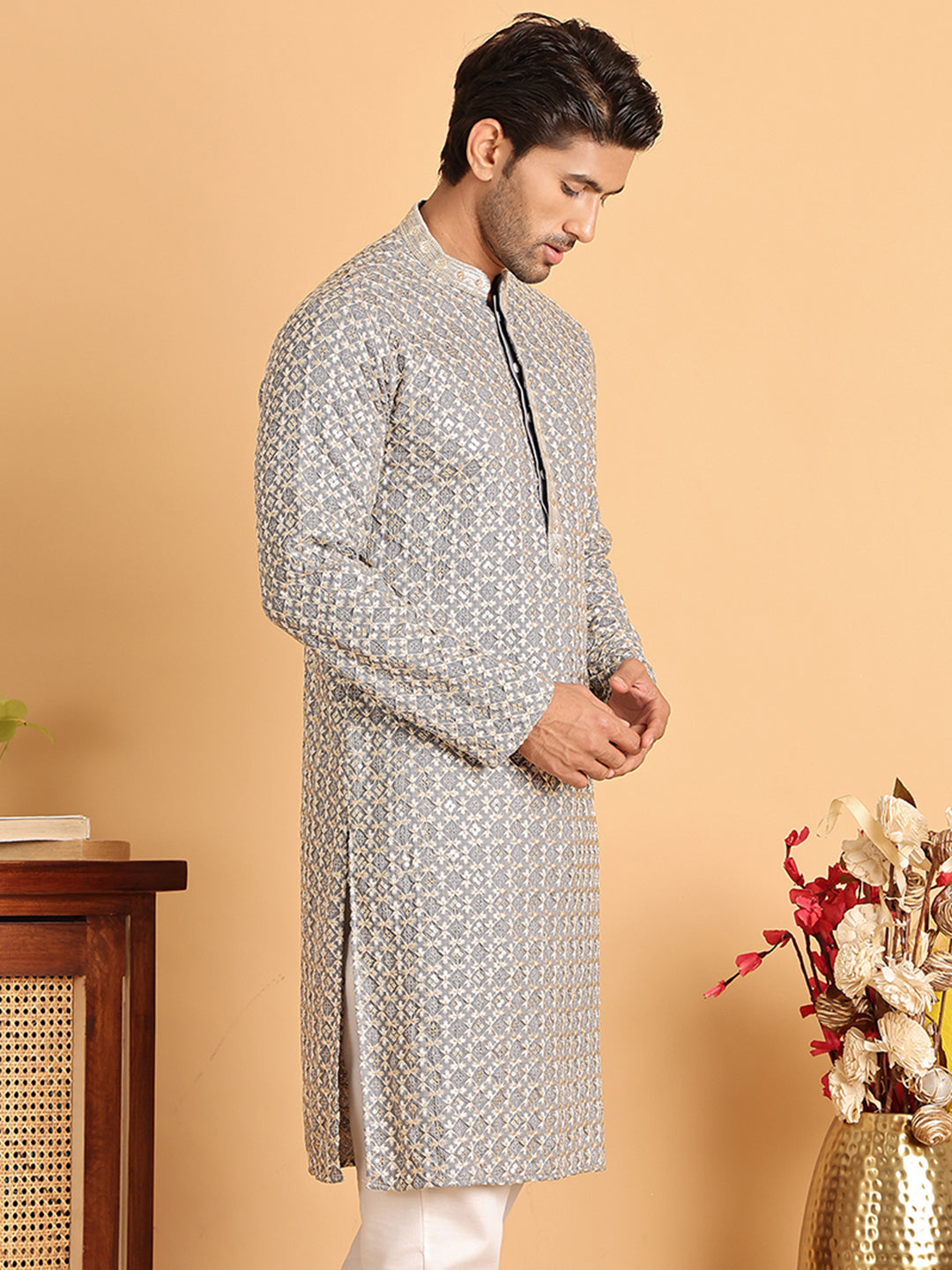 Embroidered Viscose Kurtas For Men ( KO 5110Grey )