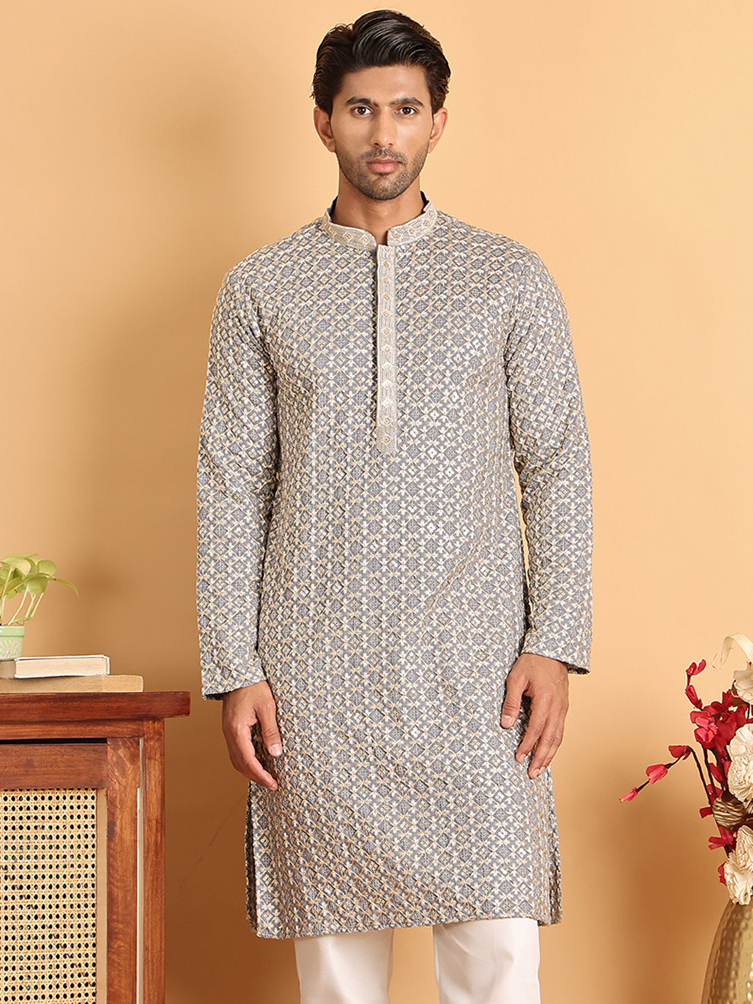 Embroidered Viscose Kurtas For Men ( KO 5110Grey )
