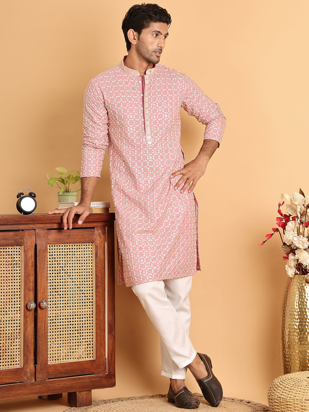 Embroidered Viscose Kurtas For Men ( KO 5110Pink )