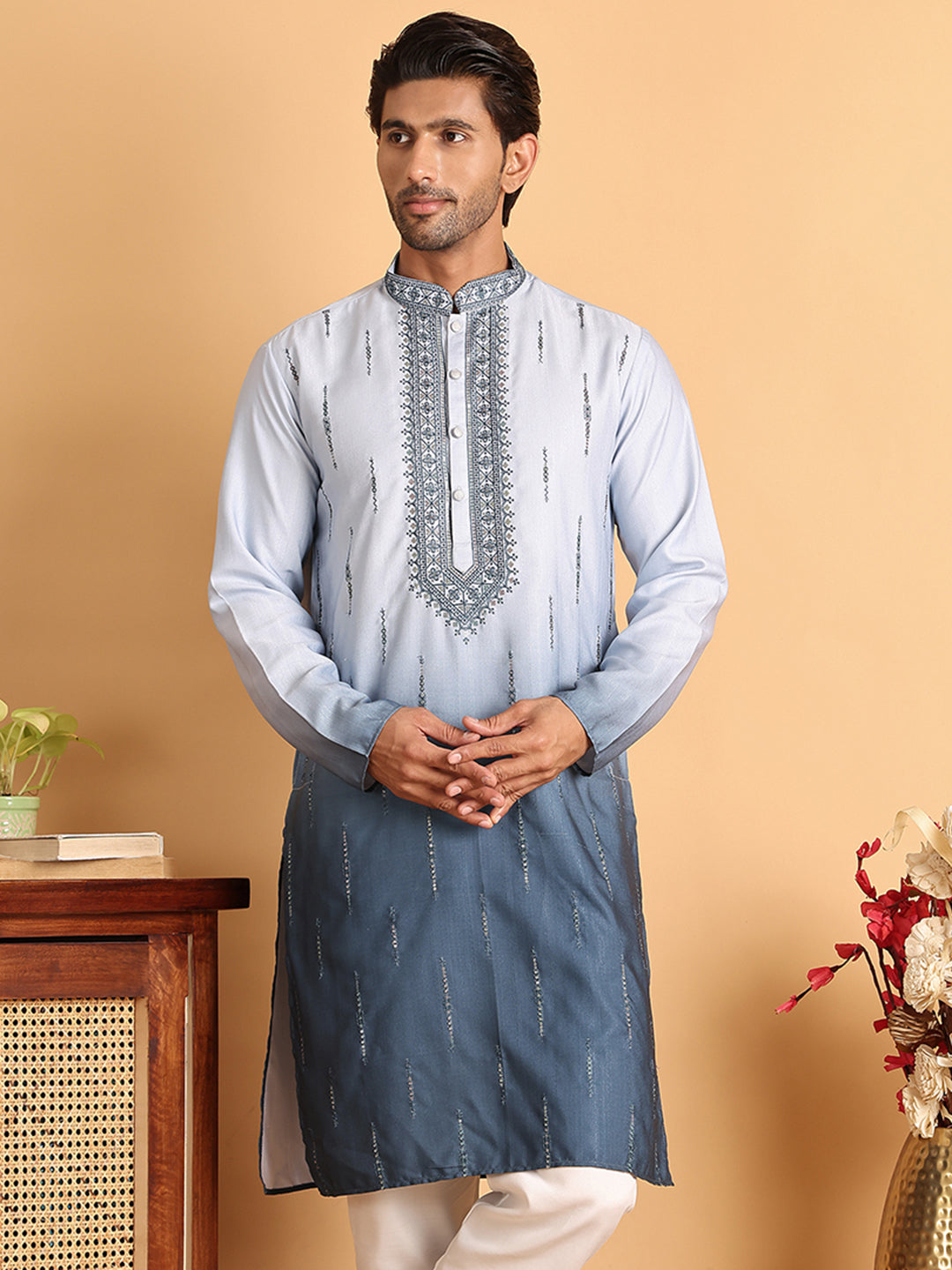 Ombre Printed Straght Kurtas for Men ( KO 5111Blue )