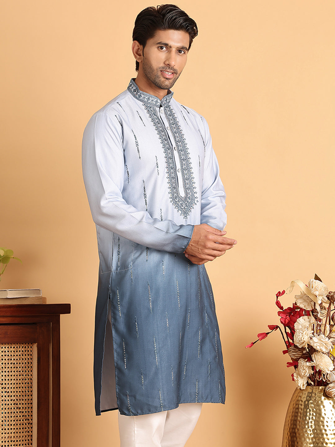 Ombre Printed Straght Kurtas for Men ( KO 5111Blue )
