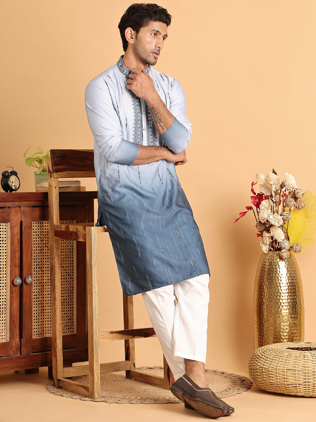 Ombre Printed Straght Kurtas for Men ( KO 5111Blue )