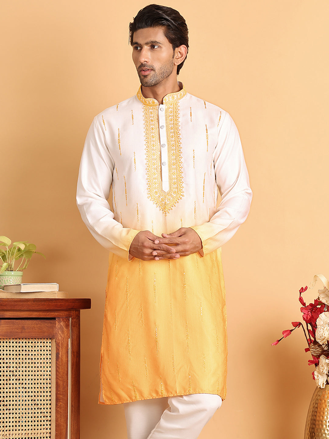 Ombre Printed Straght Kurtas for Men ( KO 5111Yellow )