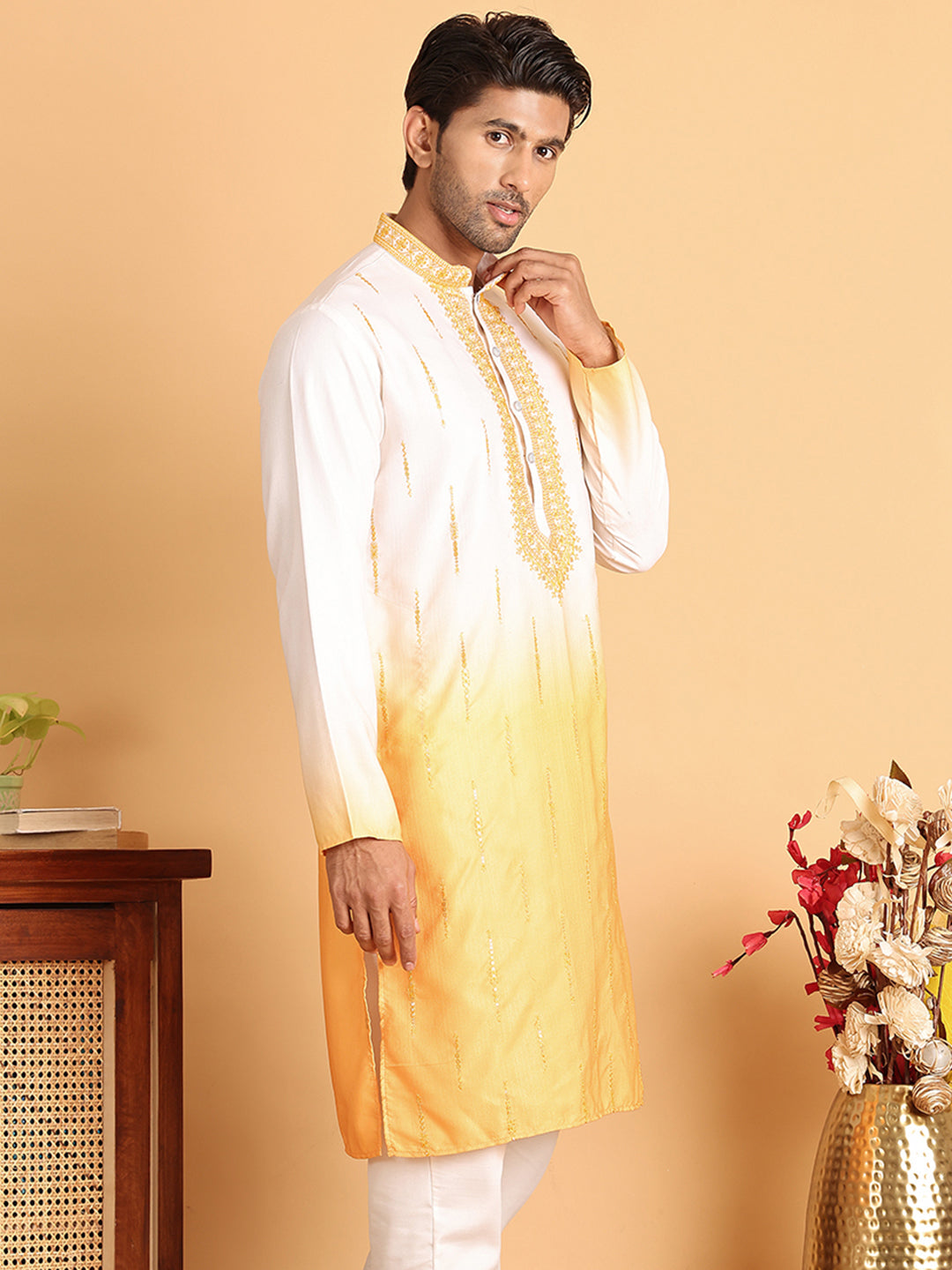 Ombre Printed Straght Kurtas for Men ( KO 5111Yellow )