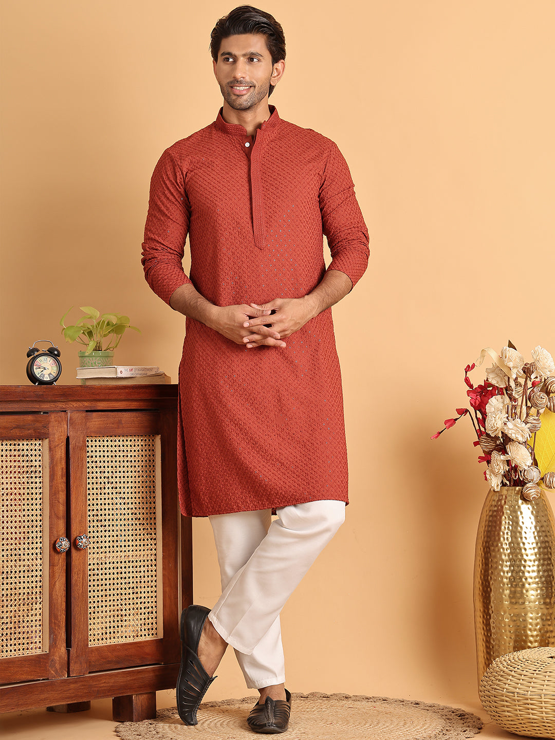 Sequins & Embroidered Viscose Kurtas For Men. ( KO 5113Rust )