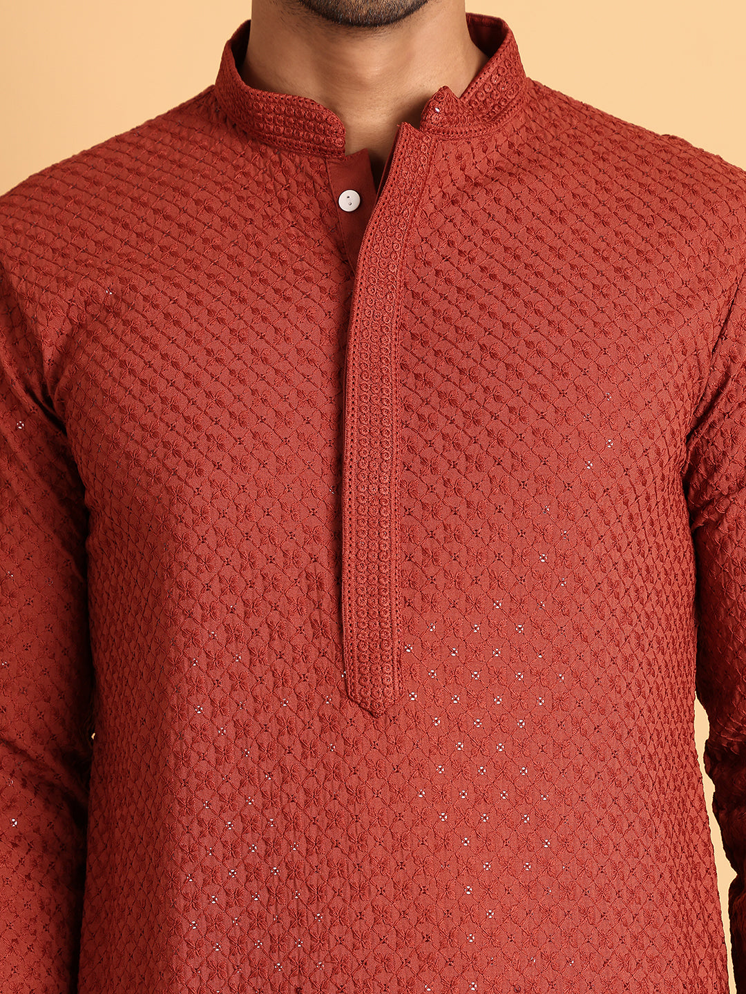 Sequins & Embroidered Viscose Kurtas For Men. ( KO 5113Rust )