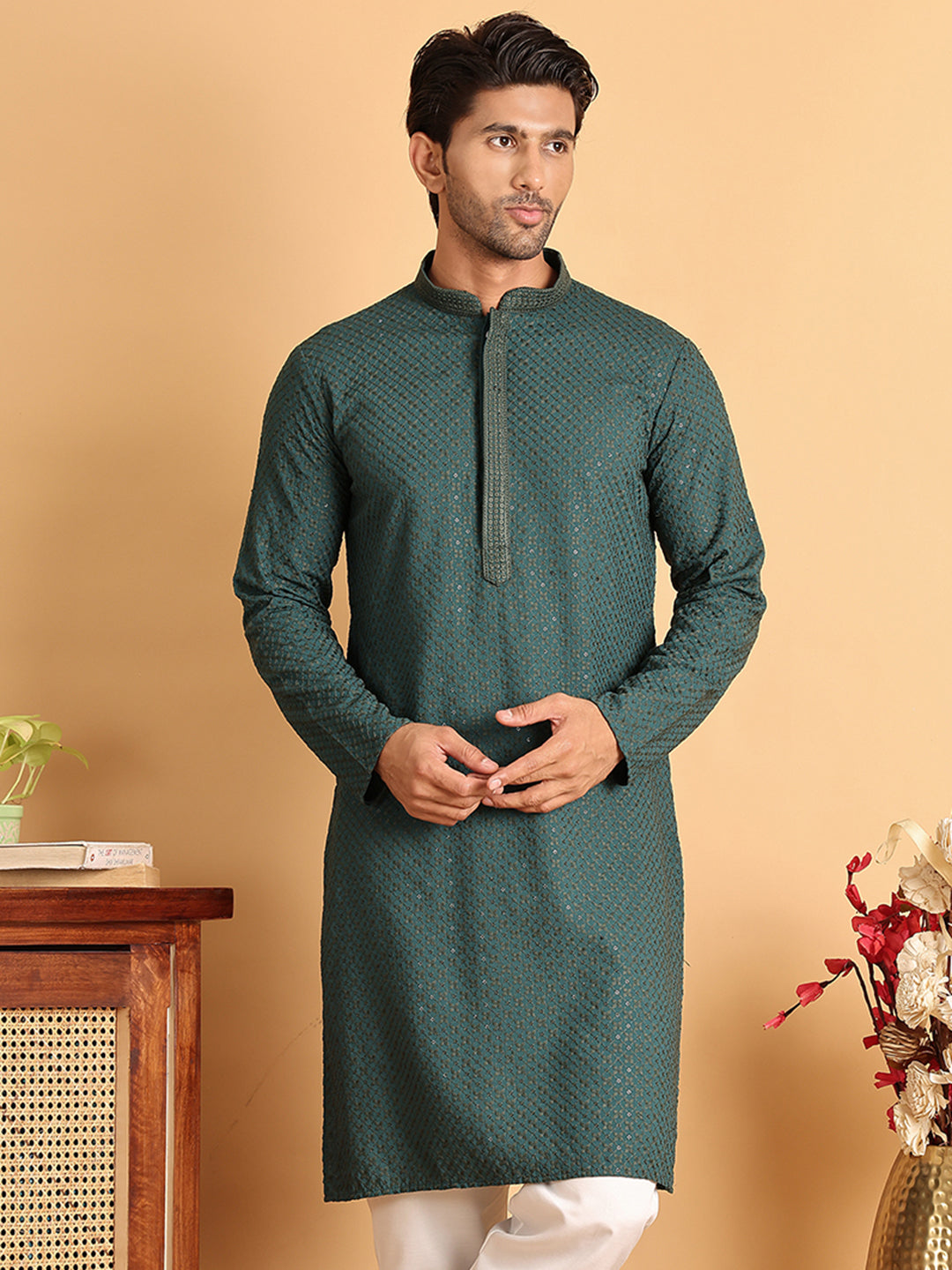 Sequins & Embroidered Viscose Kurtas For Men. ( KO 5113Sea-Green )
