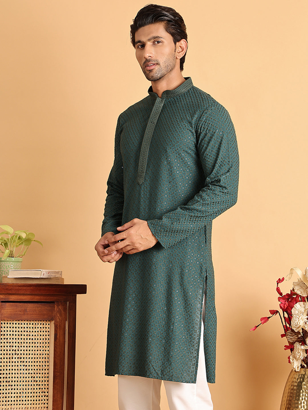 Sequins & Embroidered Viscose Kurtas For Men. ( KO 5113Sea-Green )