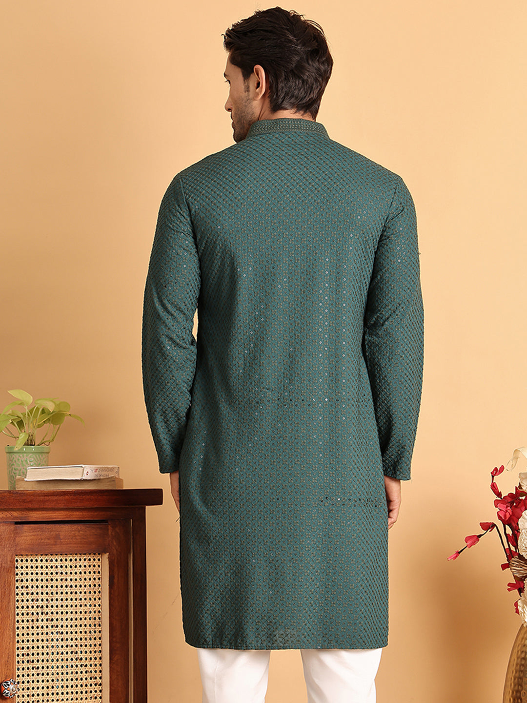 Sequins & Embroidered Viscose Kurtas For Men. ( KO 5113Sea-Green )