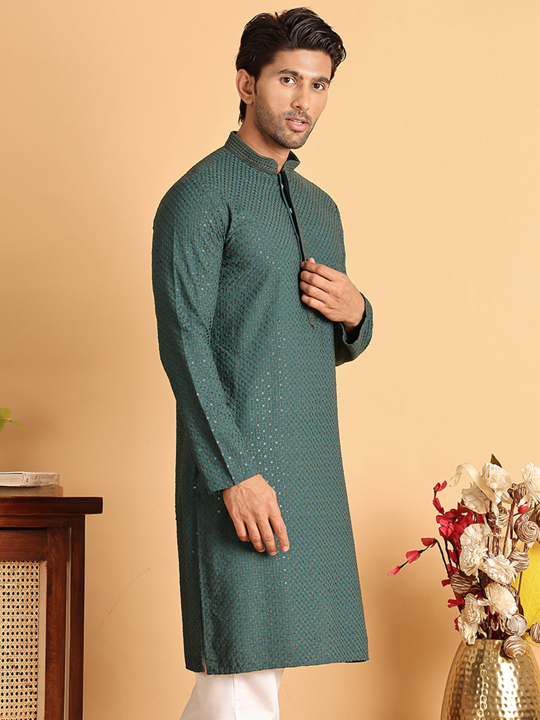 Sequins & Embroidered Viscose Kurtas For Men. ( KO 5113Sea-Green )