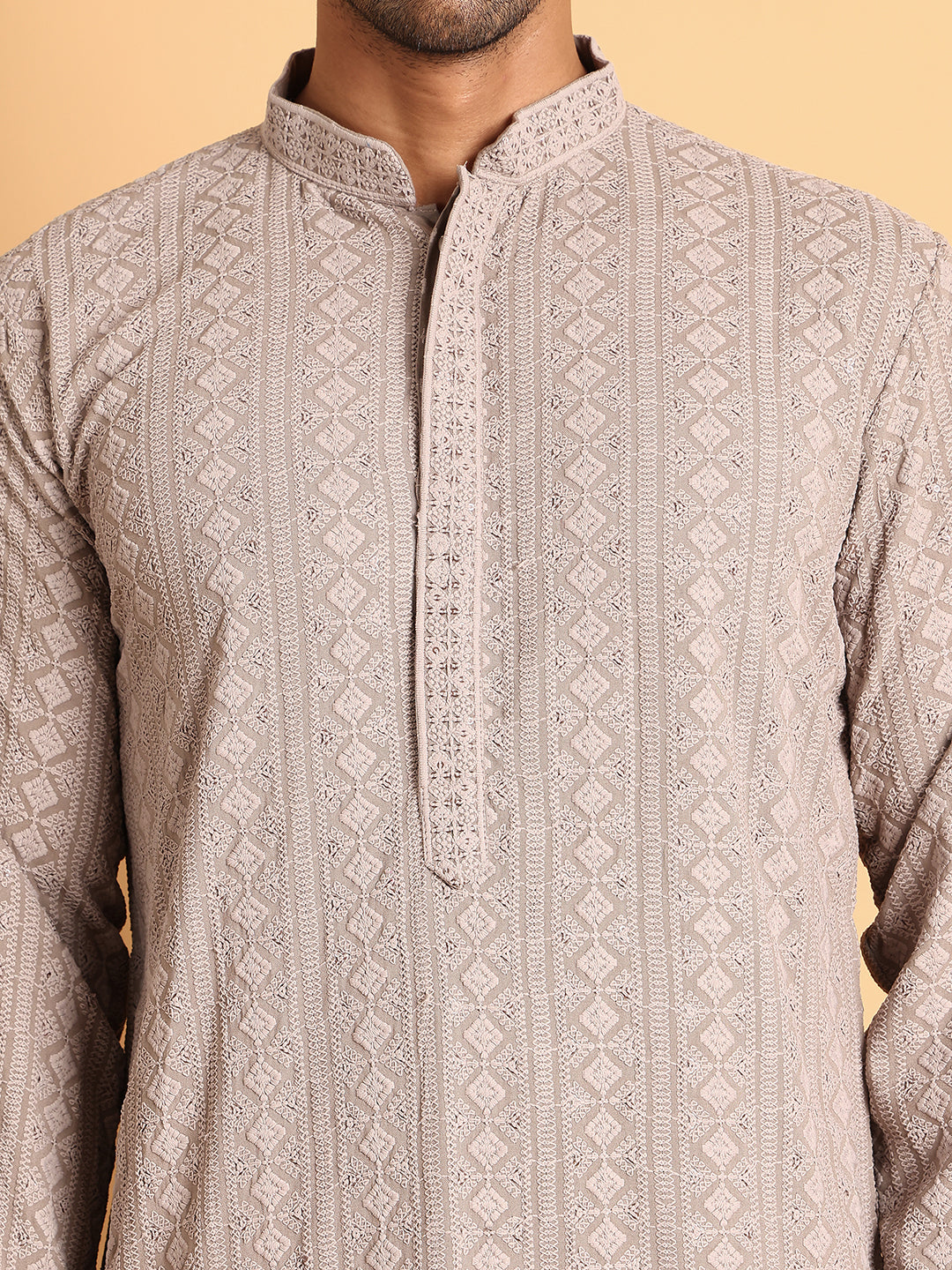 Embroidered & Sequins Straight Kurtas For Men ( KO 5116Beige )
