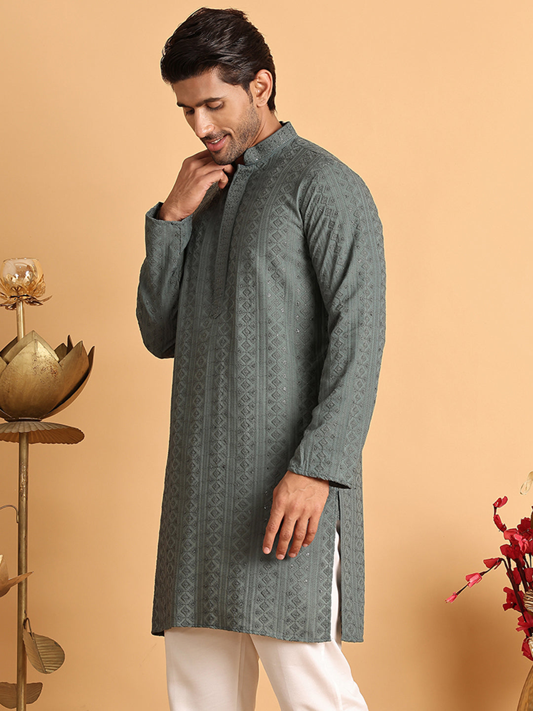 Embroidered & Sequins Straight Kurtas For Men ( KO 5116Grey )