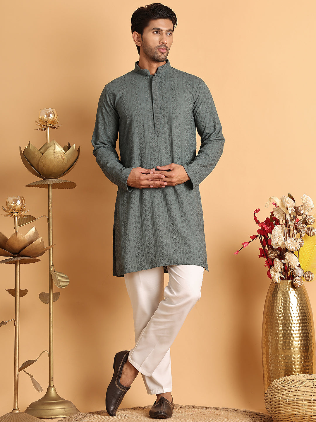 Embroidered & Sequins Straight Kurtas For Men ( KO 5116Grey )