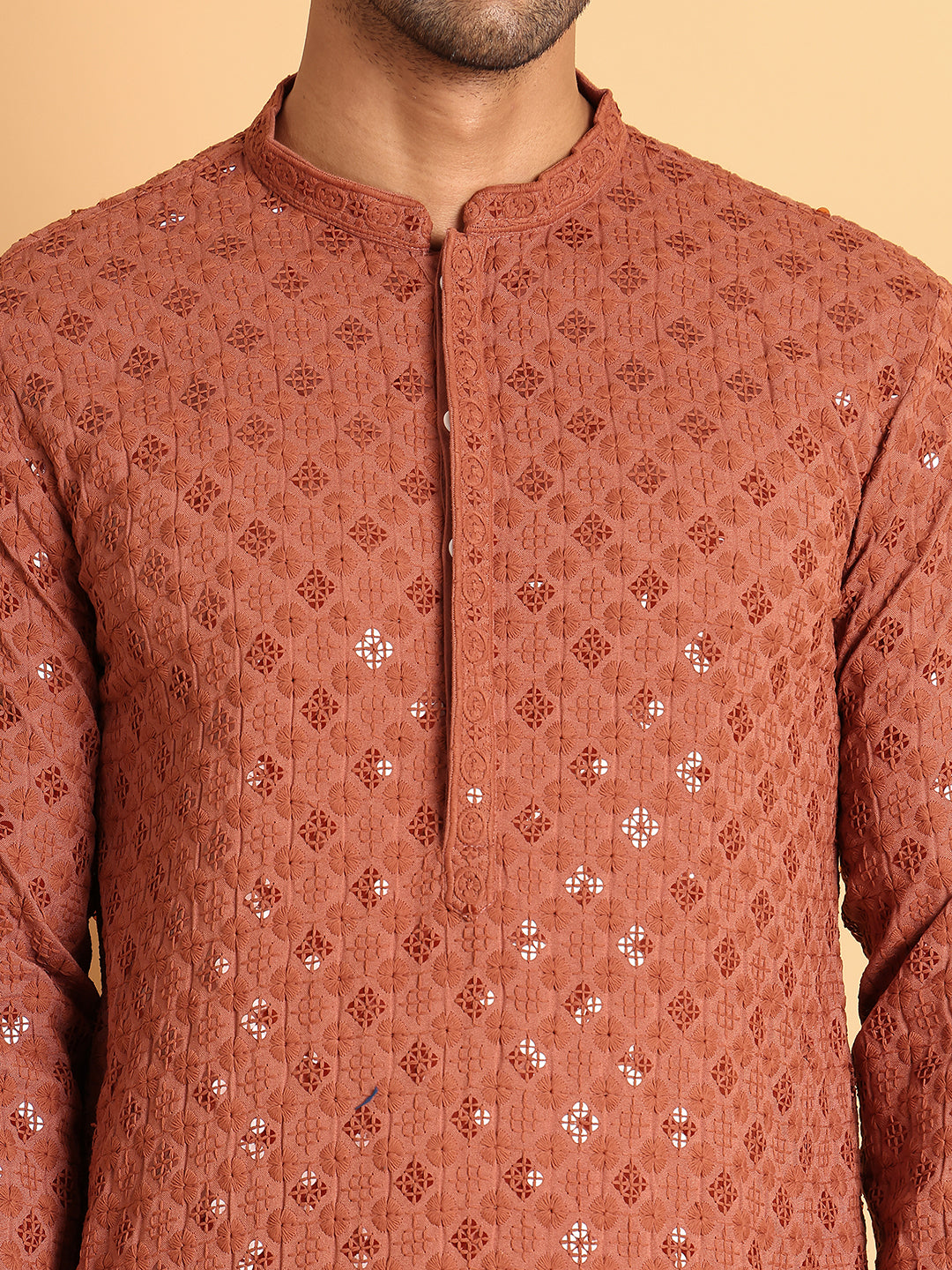 Embroidered & Sequins Straight Kurtas For Men ( KO 5117Rust )