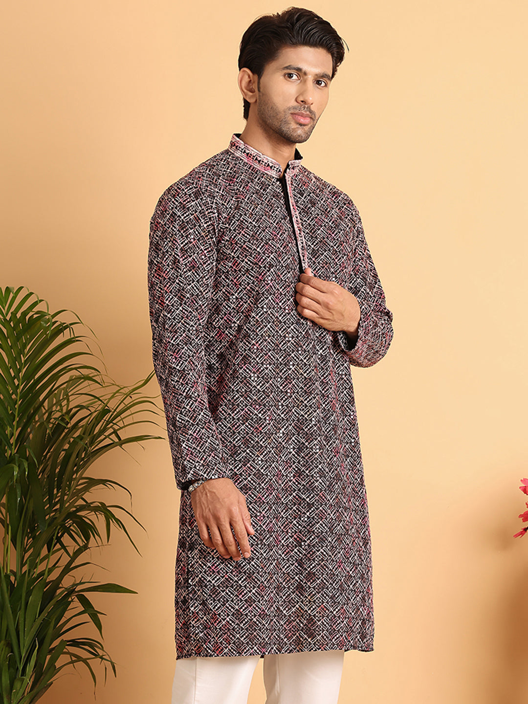 Embroidered Viscose Kurtas For Men ( KO 5120Peach )