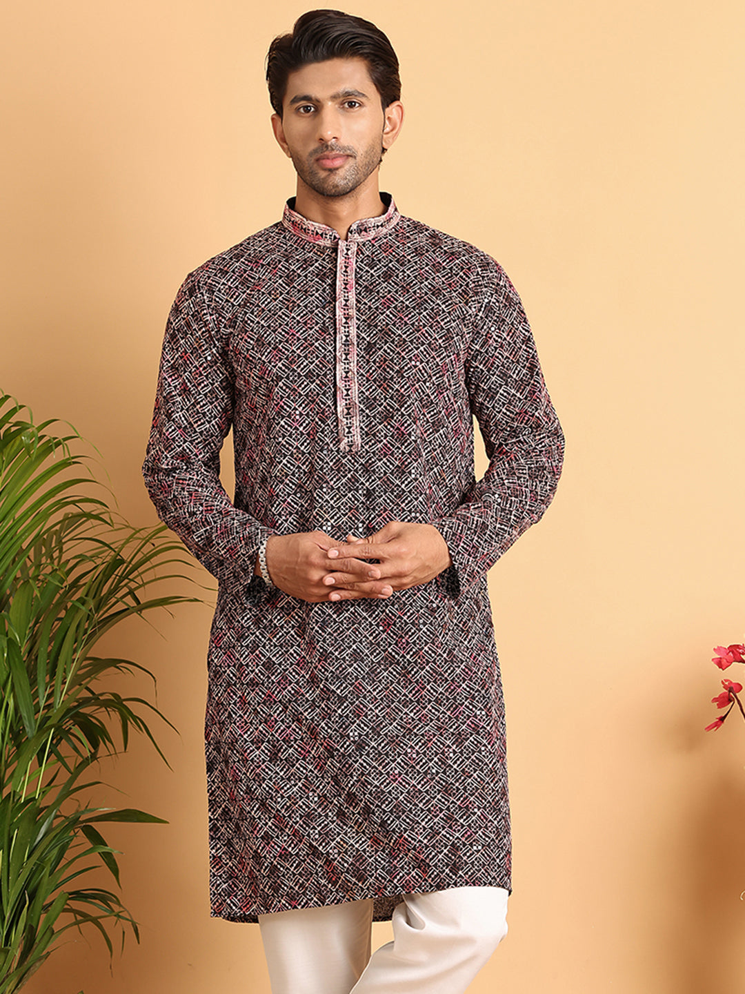 Embroidered Viscose Kurtas For Men ( KO 5120Peach )