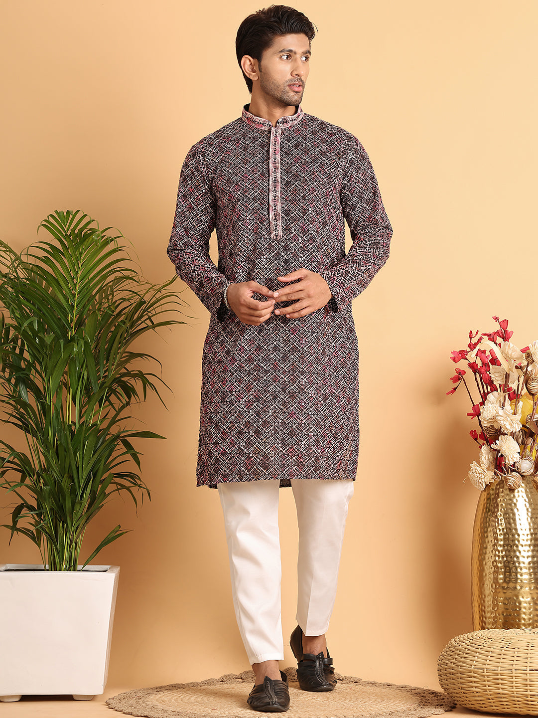 Embroidered Viscose Kurtas For Men ( KO 5120Peach )