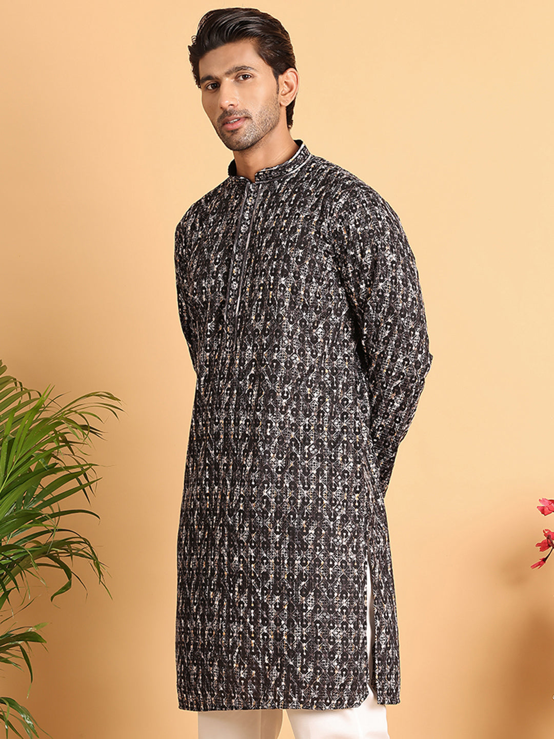 Embroidered Viscose Kurtas For Men ( KO 5122Black )