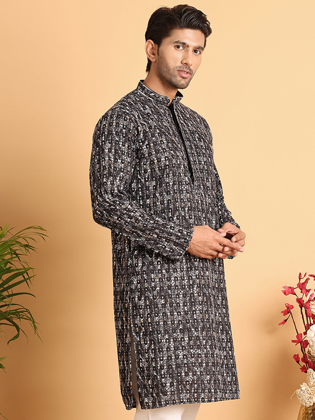 Embroidered Viscose Kurtas For Men ( KO 5122Black )