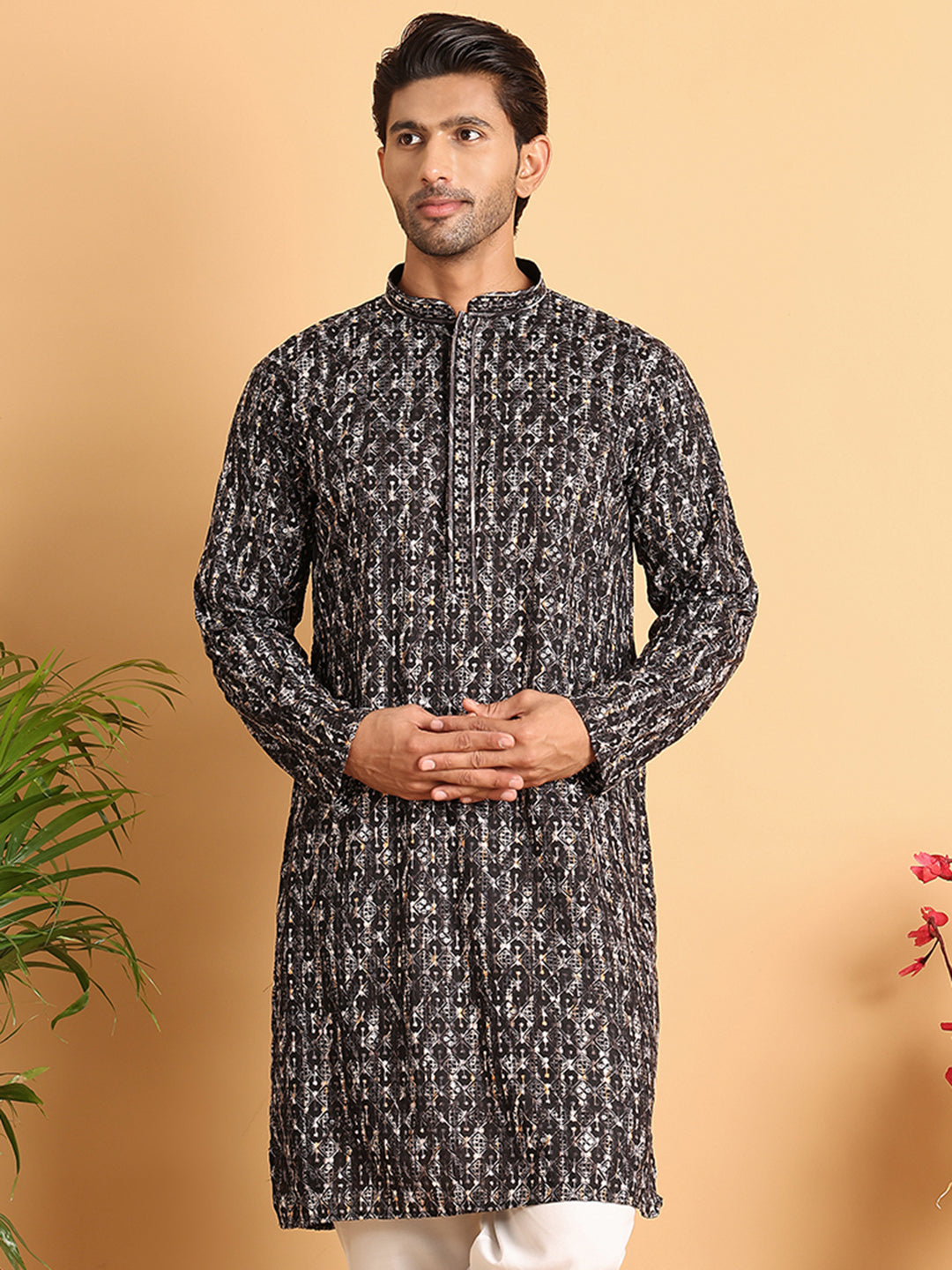 Embroidered Viscose Kurtas For Men ( KO 5122Black )