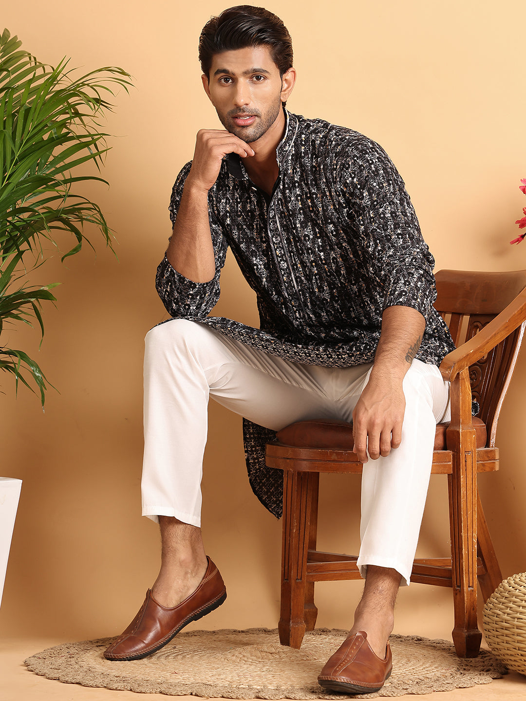 Embroidered Viscose Kurtas For Men ( KO 5122Black )