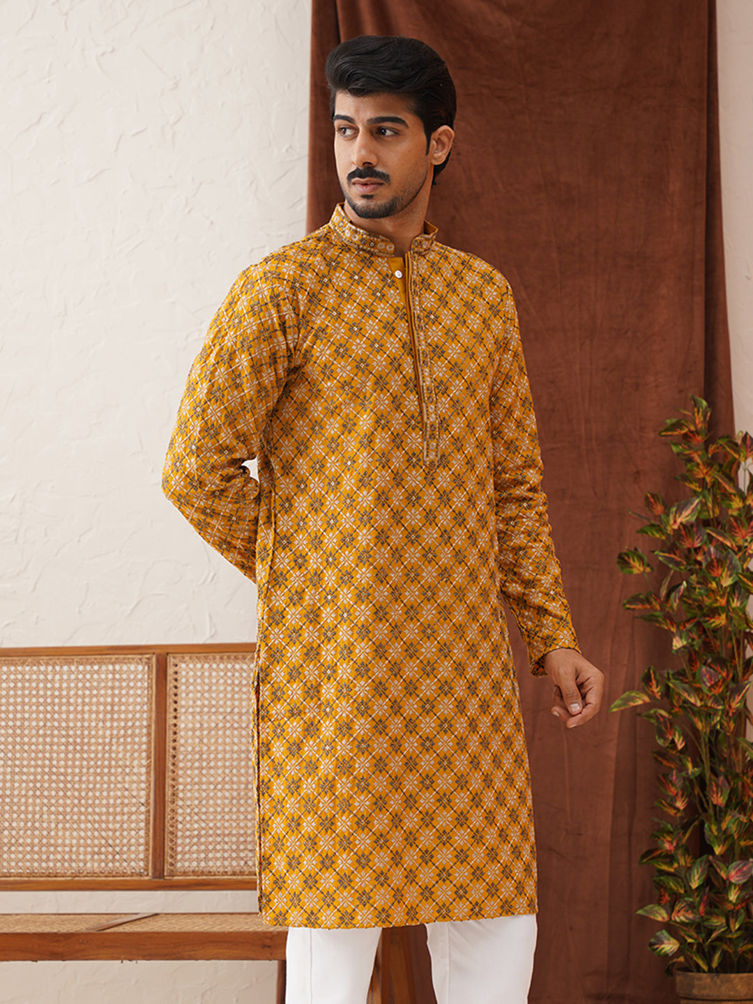 Embroidered Kurtas For Men ( KO 5127Mustard )