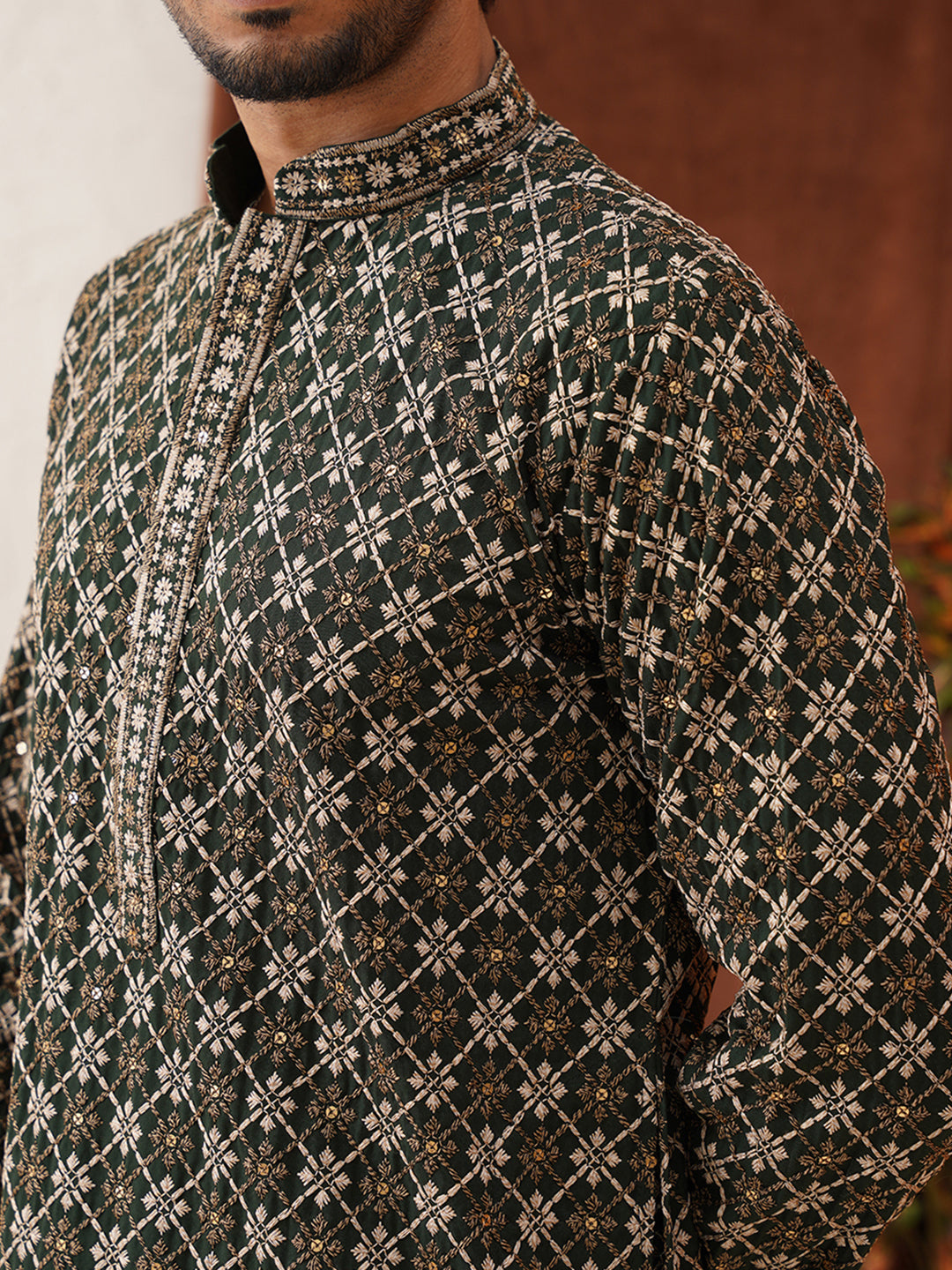 Embroidered Kurtas For Men ( KO 5127Olive )