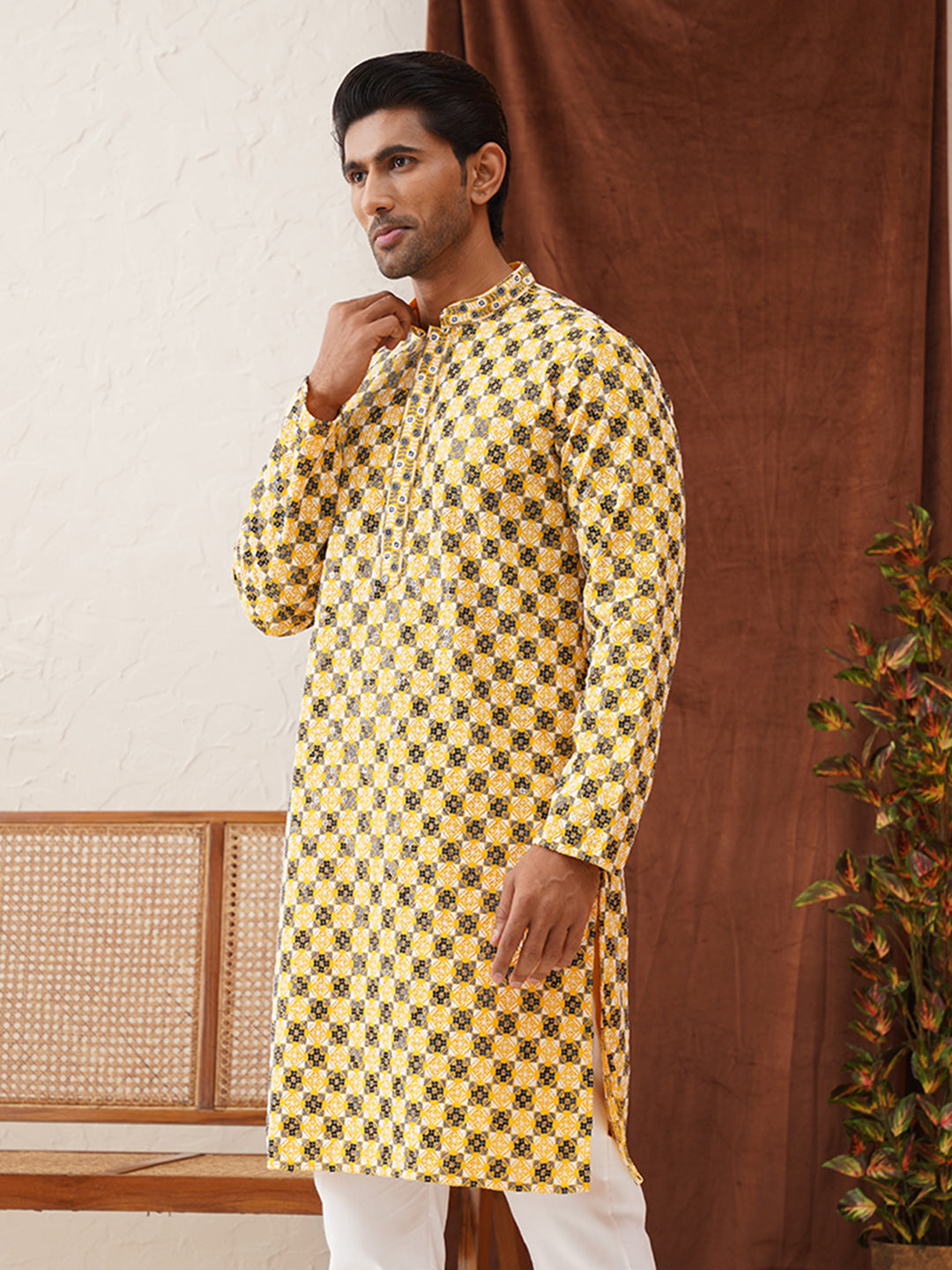 Viscose Embroidered Kurtas For Men ( KO 5129Lemon )
