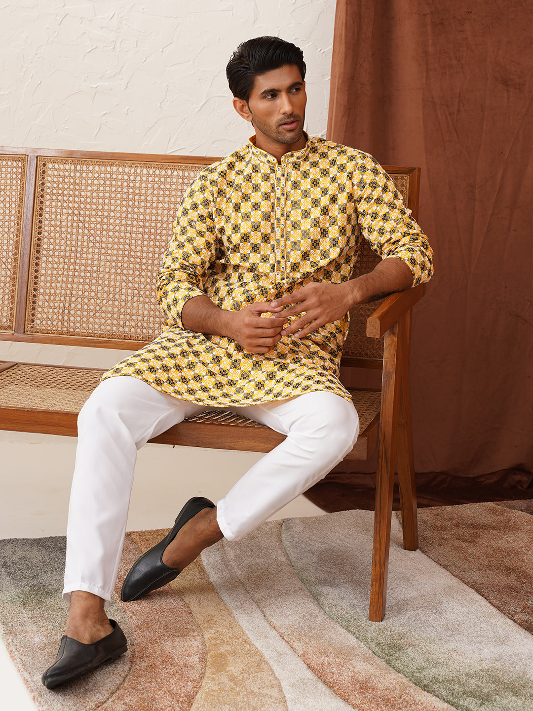Viscose Embroidered Kurtas For Men ( KO 5129Lemon )