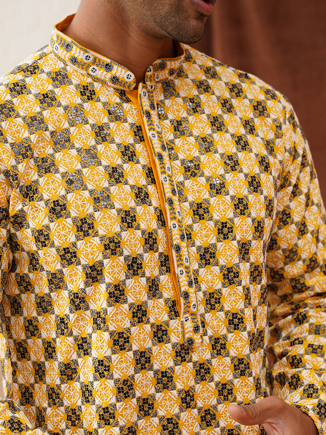Viscose Embroidered Kurtas For Men ( KO 5129Lemon )