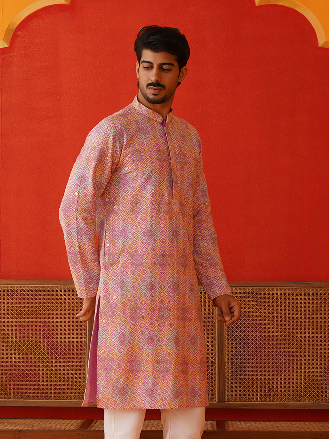 Embroidered Staight Kurtas For Men ( KO 5130Pink )