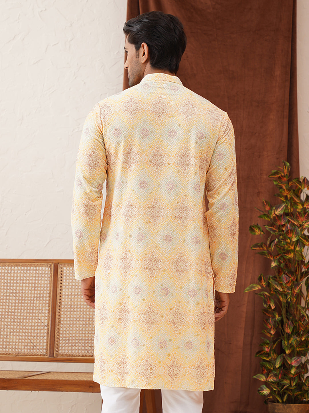 Embroidered Staight Kurtas For Men ( KO 5130Yellow )