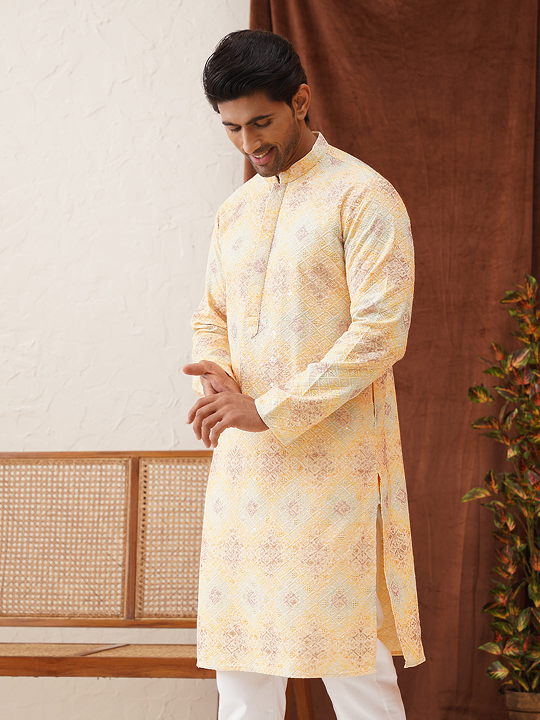Embroidered Staight Kurtas For Men ( KO 5130Yellow )
