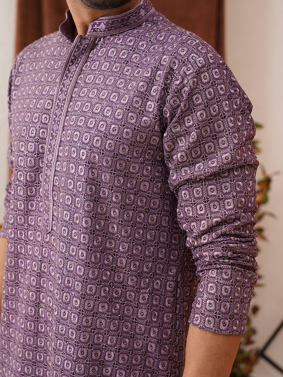 Embroidered Chikankari and Sequence Kurtas For Men ( KO 5131Purple )