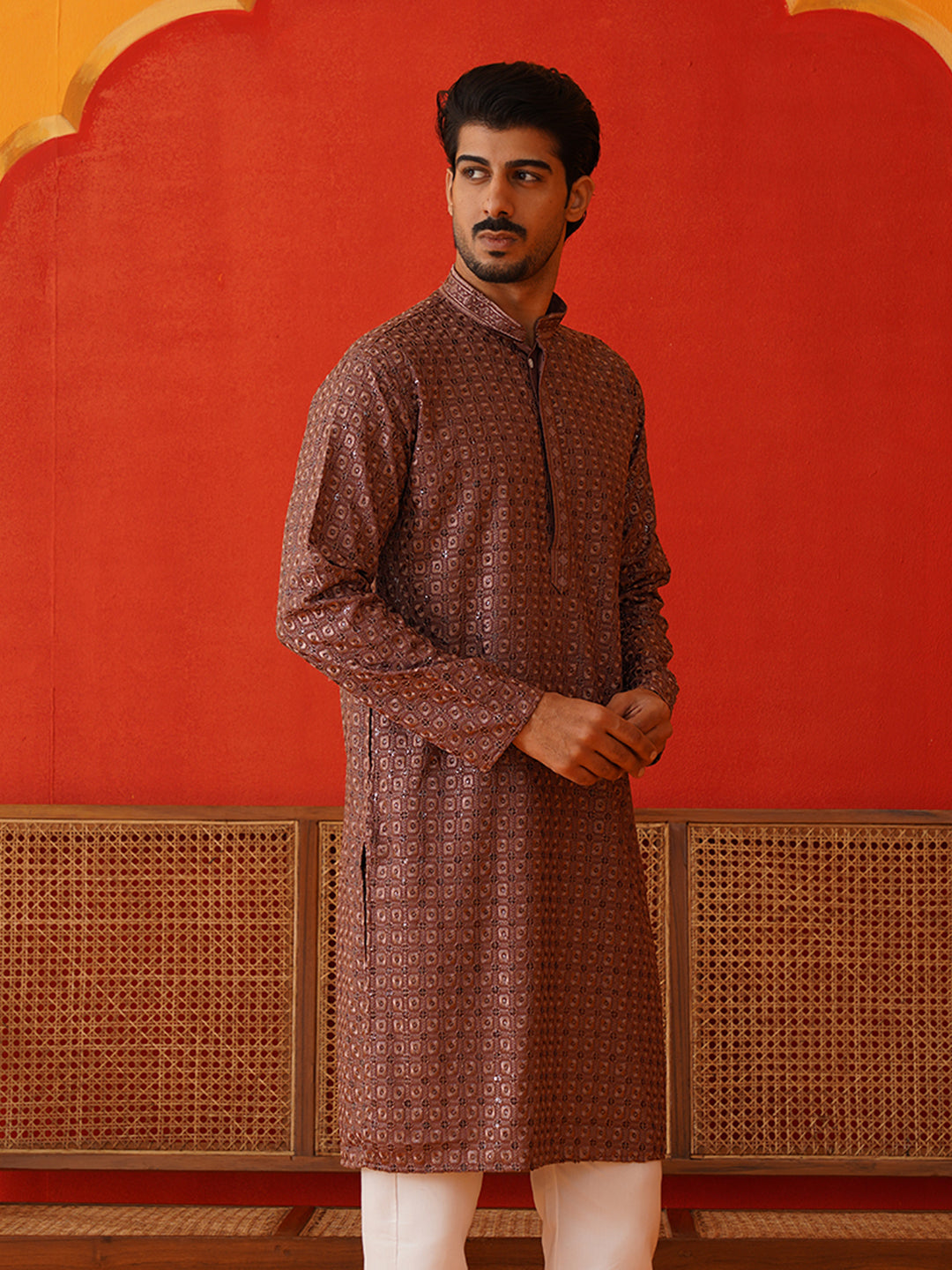 Embroidered Chikankari and Sequence Kurtas For Men ( KO 5131Rust )
