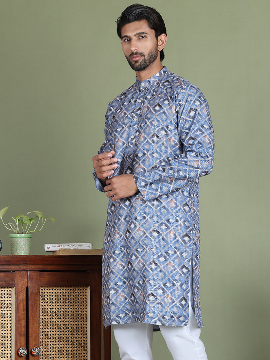 Embroidered and Printed Cotton Blend Kurtas. ( ko 5141Blue )
