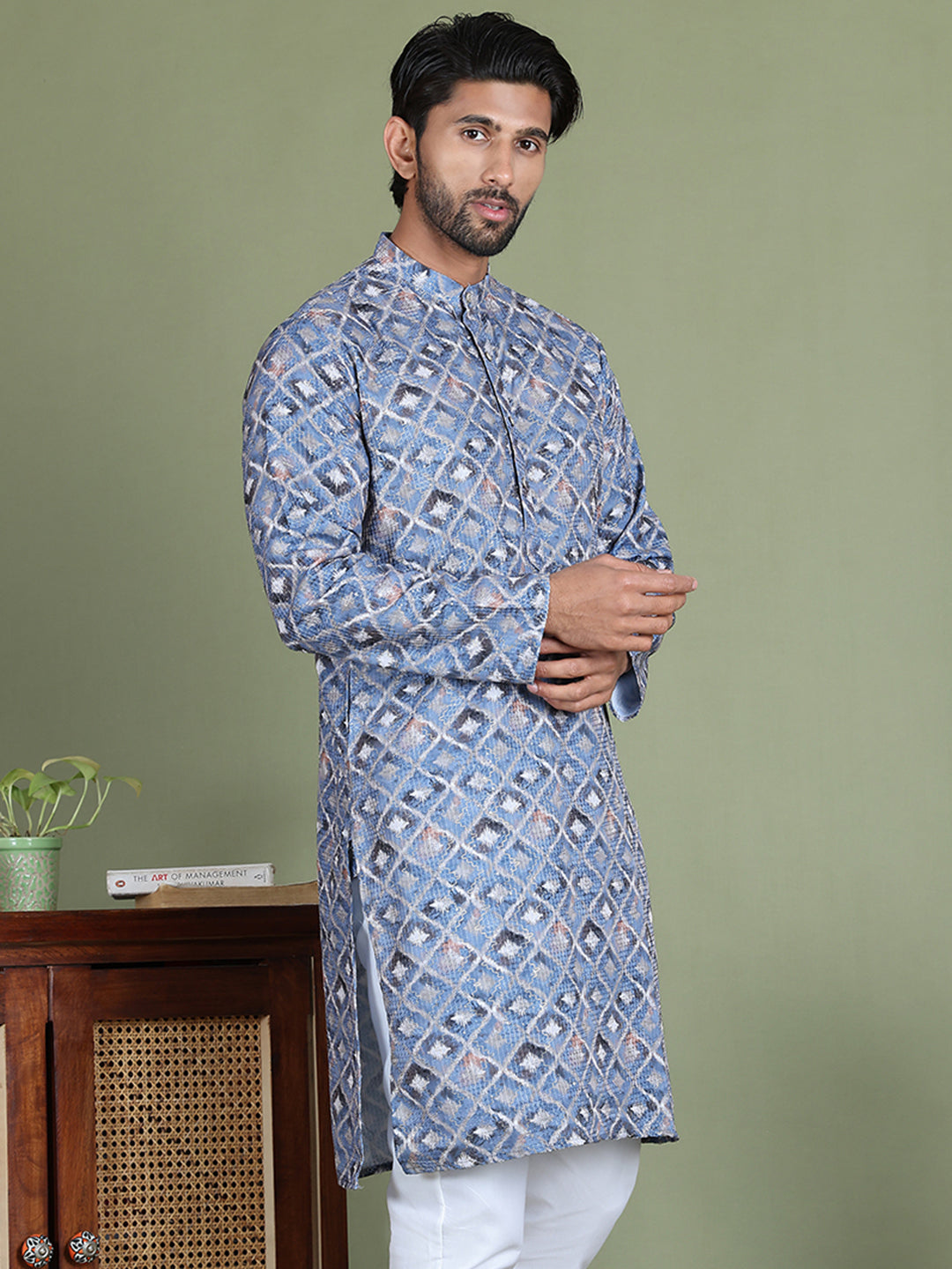 Embroidered and Printed Cotton Blend Kurtas. ( ko 5141Blue )