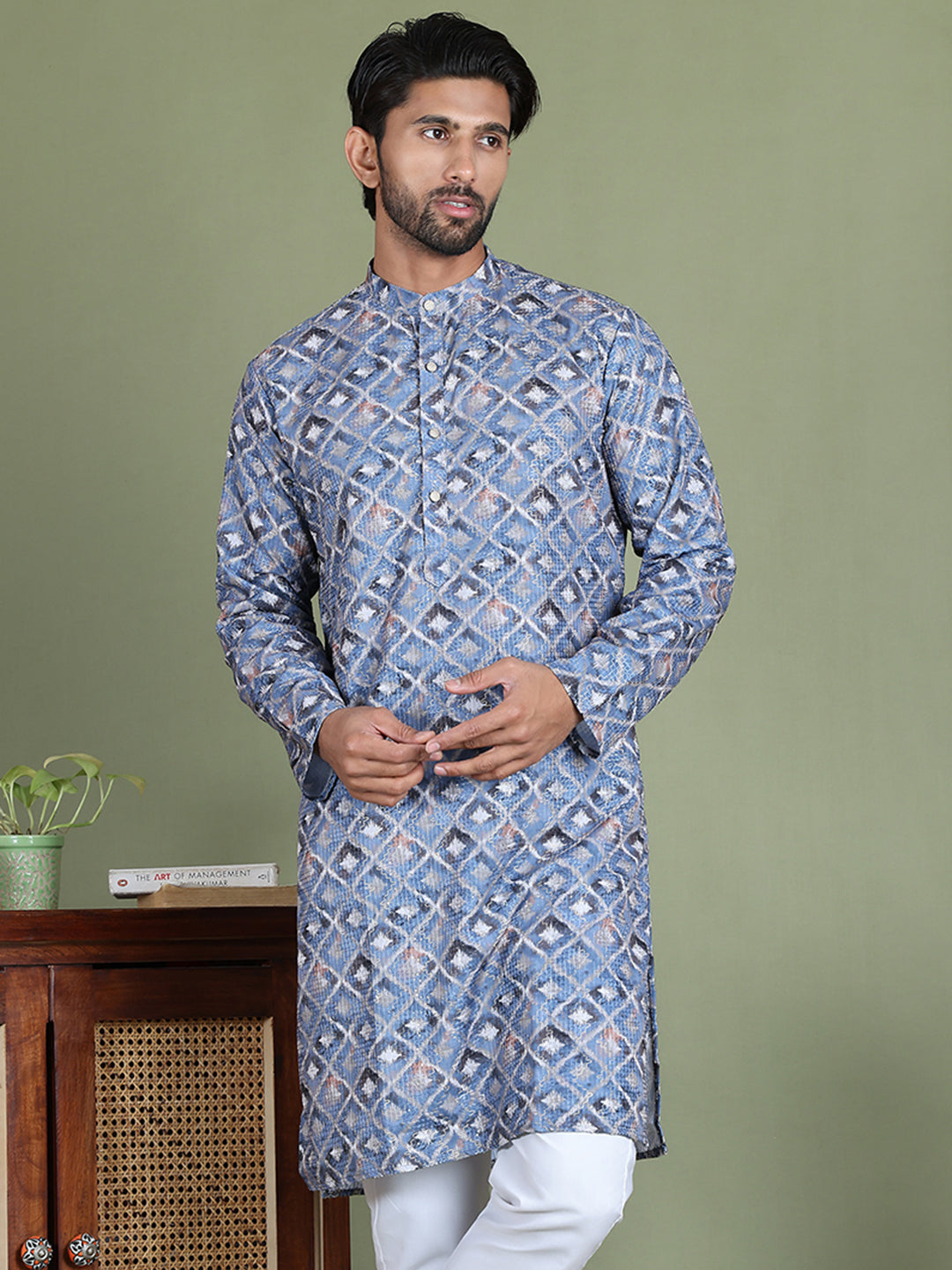 Embroidered and Printed Cotton Blend Kurtas. ( ko 5141Blue )